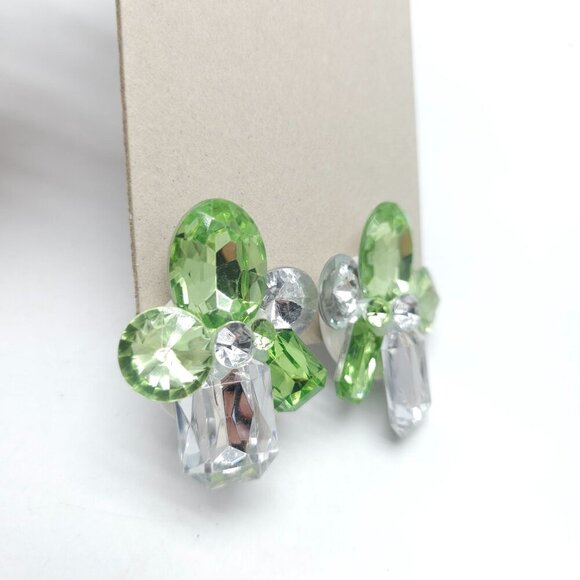 Vintage 1980s Green Clear Acrylic Clip-On Earrings With Faceted Gemstone Design - Picture 2 of 5